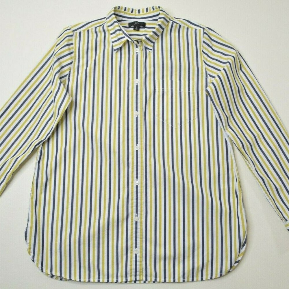 J.CREW Sz 6 Womens MUSTARD Yellow NAVY Blue STRIPED Button Up‎ LONG SLEEVE Shirt